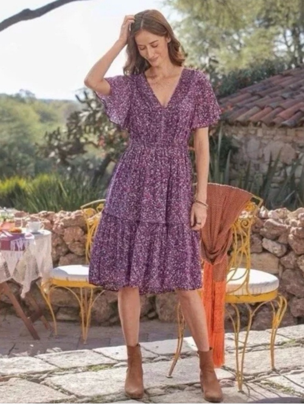 SUNDANCE Floral V-Neck Mulberry Dress Size L